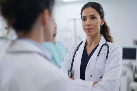 Portrait of confident female doctor standing with arms crossed in medical officeの素材