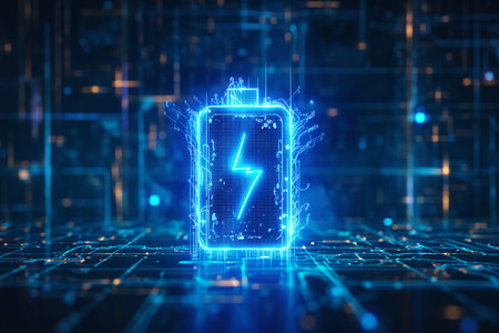 Futuristic power bank hologram over circuit board background. 3D Renderingの素材