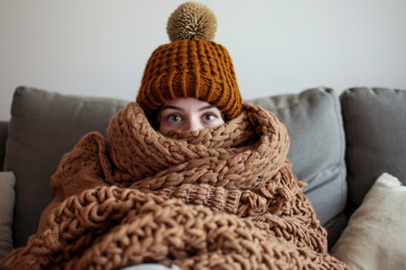 Young woman covered with warm blanket sitting on sofa in living room at homeの素材