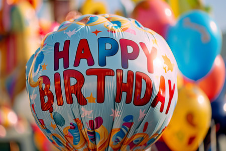 Colorful balloons with happy birthday lettering on it, close-upの素材