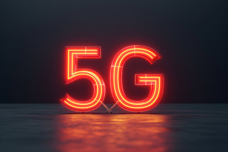 3d rendering of red neon 5G sign on dark background.の素材