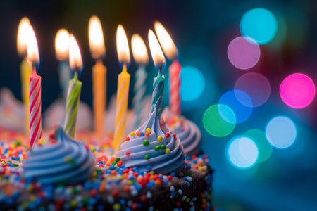 Birthday cupcake with candles and lights on bokeh backgroundの素材