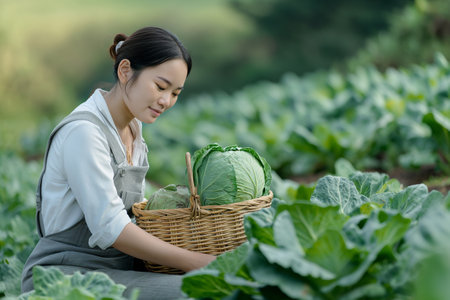 young asian woman with basket of cabbage in the vegetable garden.の素材