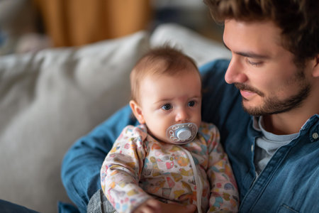 Young father with baby at home. Fatherhood and parenting concept.の素材
