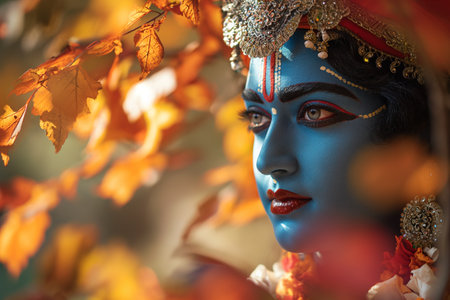 Close up portrait of a beautiful gothic woman in the autumn forestの素材
