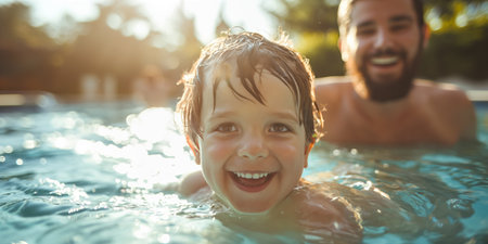 Portrait of smiling father and son swimming in pool on sunny dayの素材