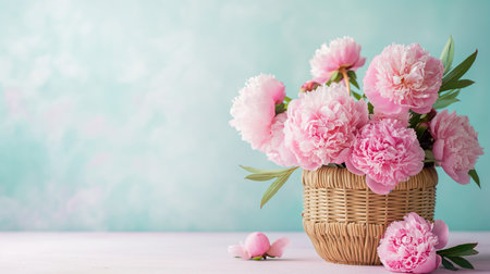 Bouquet of pink peonies in a wicker basket on a blue backgroundの素材