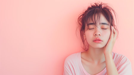 Portrait of beautiful young asian woman thinking and looking up on pink backgroundの素材