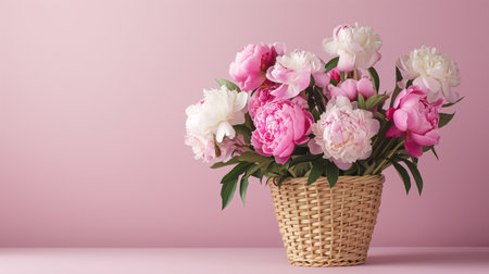 Bouquet of peonies in a basket on a pink backgroundの素材