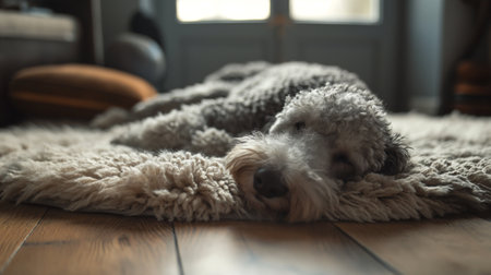Cute dog sleeping on carpet at home, closeup. Adorable petの素材