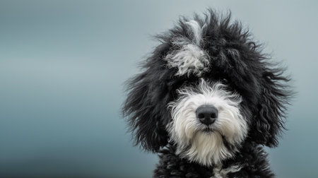 Black and white poodle dog on a gray background with space for textの素材