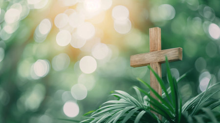 Wooden cross on green nature bokeh background, Christian conceptの素材