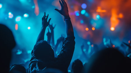 Photo pour Crowd cheering at a live music concert with hands raised in the air - image libre de droit