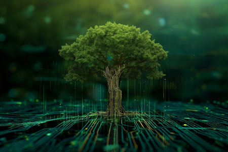 Ecology and environment concept. 3d rendering of green tree and binary codeの素材
