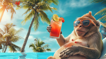 Monkey in sunglasses with cocktail on the background of palm trees.の素材