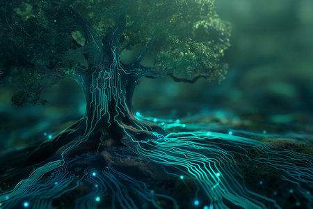 Futuristic tree with glowing lines. 3d render illustration.の素材