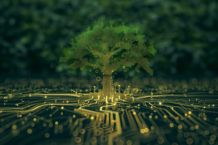 3d render of green tree with circuit board. Technology concept.の素材