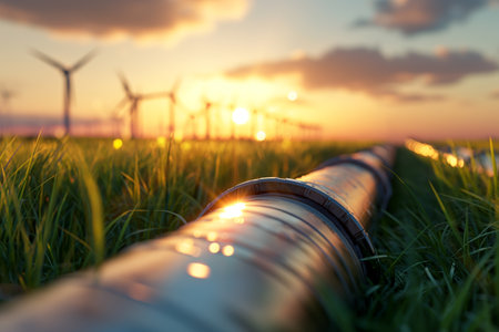 Drainage pipe on the grass with wind turbines in the backgroundの素材