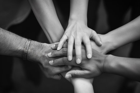 Group of people putting their hands on top of each other, black and whiteの素材