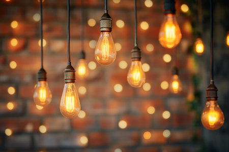 Vintage light bulbs on brick wall background. Idea concept. Copy space.の素材