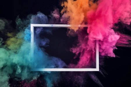 Colorful abstract background with white frame and colorful smoke on black backgroundの素材