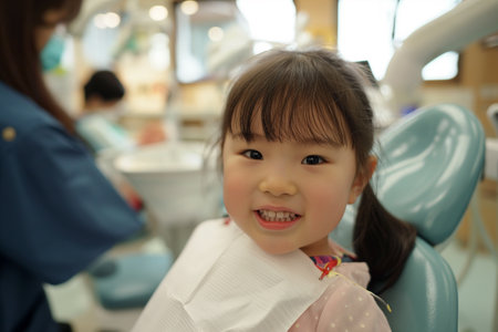 Little asian girl smiling in dental clinic. Dentistry concept.の素材