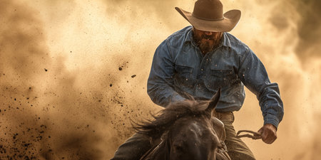 Cowboy riding a horse in dust on a ranch with a grunge effectの素材