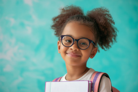 Portrait of cute african american schoolgirl in eyeglasses holding book on blue backgroundの素材