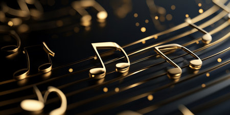 3d render of golden music notes on black background. Music conceptの素材