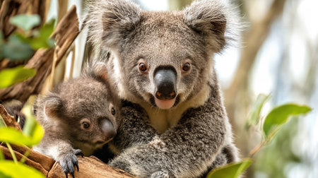 Koala mother and her baby on eucalyptus treeの素材