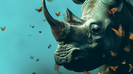 White rhinoceros with butterflies in the background. 3d renderingの素材