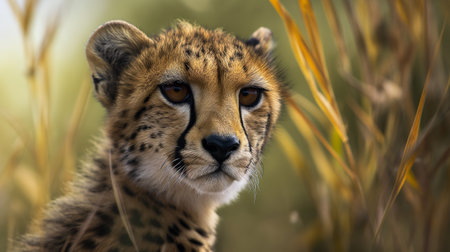 Close-up of cheetah cub looking at camera in grassの素材