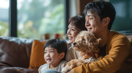 Happy asian family with dog sitting on sofa in living room at homeの素材