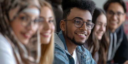 Portrait of smiling multiethnic group of students looking at cameraの素材