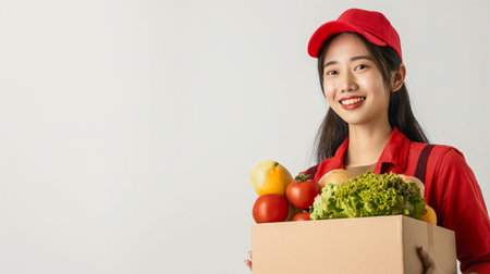Young asian delivery woman in red uniform holding box with food on white background.の素材