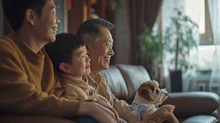 happy asian family with dog sitting on sofa in living room at homeの素材