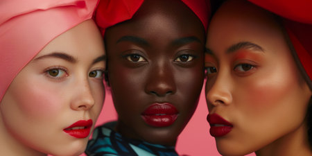 Three african american women in turban looking at camera isolated on pinkの素材