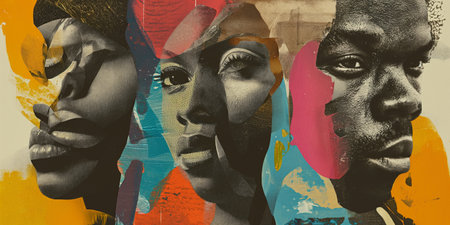 Portrait of beautiful african american woman. Multicolored abstract painted background.の素材