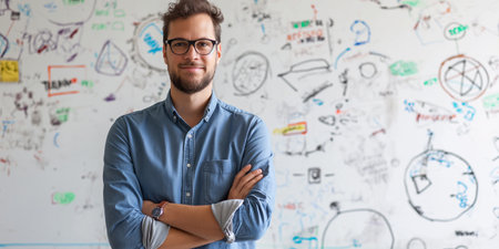 Portrait of young businessman standing with arms crossed and looking at camera in officeの素材