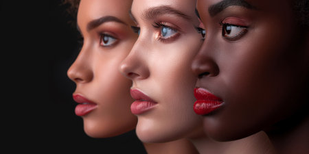 Portrait of three beautiful women with makeup on black background, closeupの素材