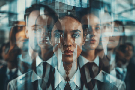 Group of business people working together in modern office. Double exposure.の素材