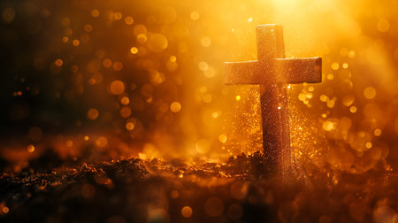 Cross on the grave with golden bokeh background. Christian religion concept.の素材