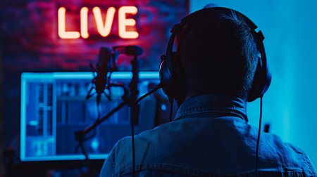 Live streaming concept. Silhouette of a man in headphones with a microphone on a blue background.の素材