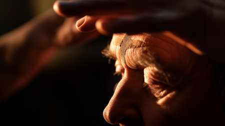 Old woman suffering from pain in her forehead on a dark background.の素材