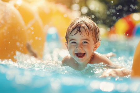 Cute little boy swimming in pool on hot summer day. Happy child having fun in water.の素材