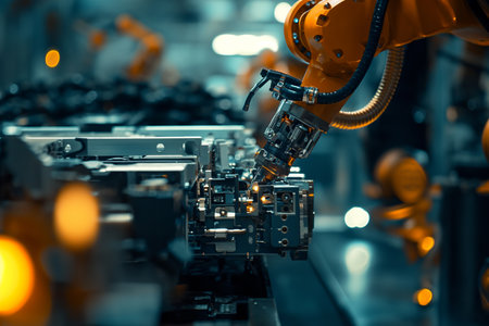 Industrial robot assembly line in factory. Smart industry 4.0 concept.の素材