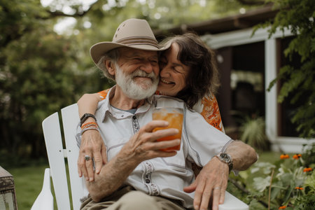Elderly couple sitting on a bench in the garden and drinking orange juiceの素材