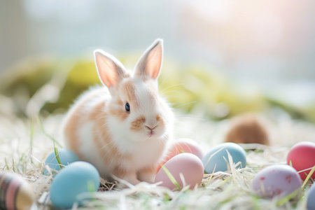 Cute little rabbit and easter eggs on natural background, easter conceptの素材