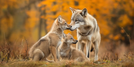 Group of wolves (Canis lupus) in autumn forestの素材