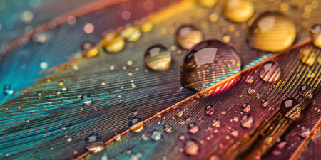 Macro photo of water drops on a colorful feather with shallow depth of fieldの素材